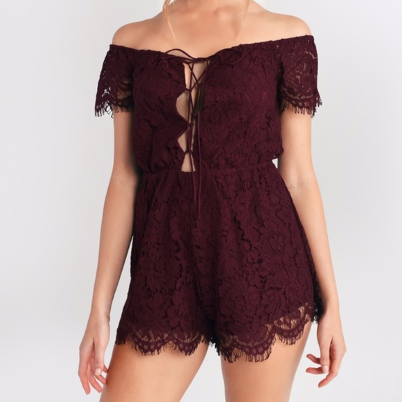 Tobi Pants - Tobi Off Shoulder Lace Up Romper - Merlot
